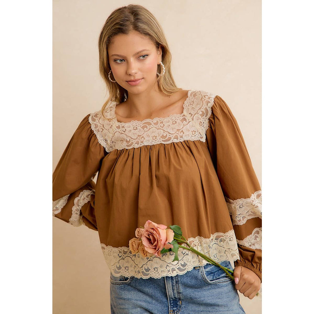 SOLID WOVEN BALLOON SLEEVE SQUARE NECK BLOUSE WITH LACE TRIM