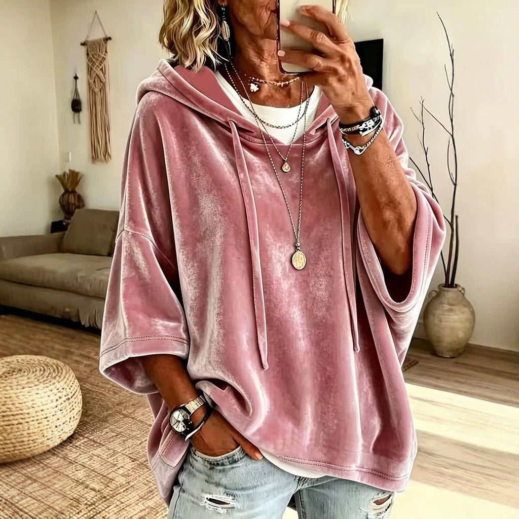 Women’s Oversized V Neck Hooded Sweatshirt 3/4 Sleeve Pullover
