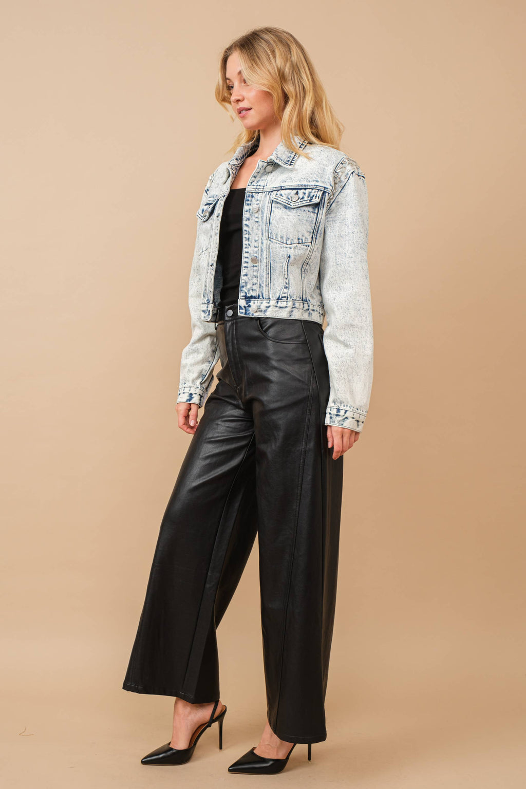 80037J - Acid Washed Shoulder Beading Denim Jacket