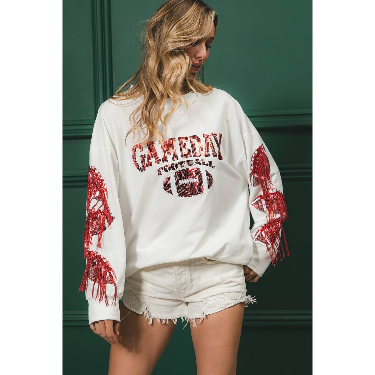 GAMEDAY FRINGED FOOTBALL FRENCH TERRY PULLOVER