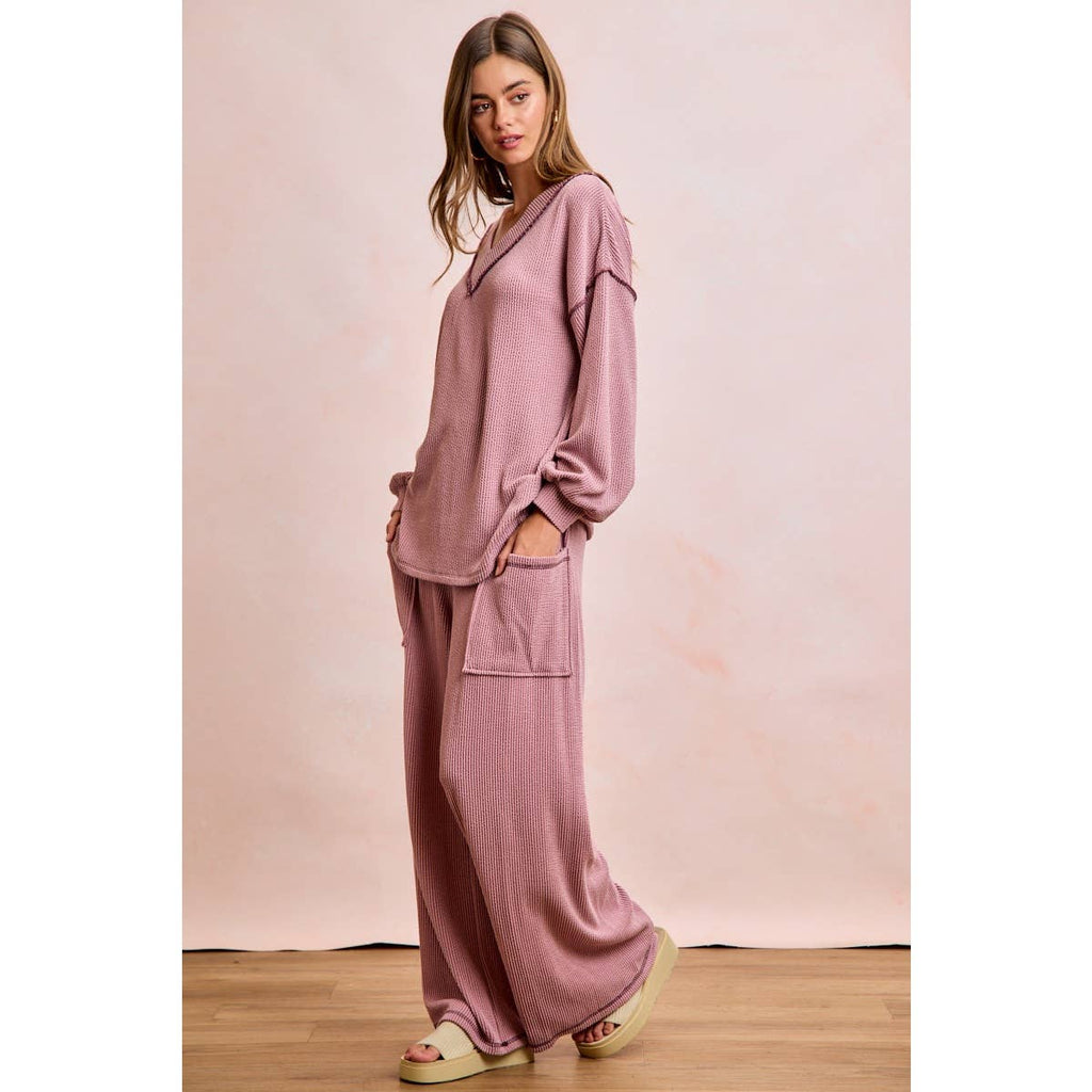 TWO TONE CORD RIB CONTRAST TOP AND PANTS SET