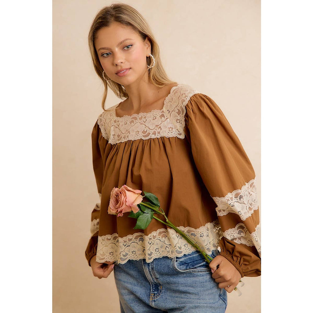 SOLID WOVEN BALLOON SLEEVE SQUARE NECK BLOUSE WITH LACE TRIM