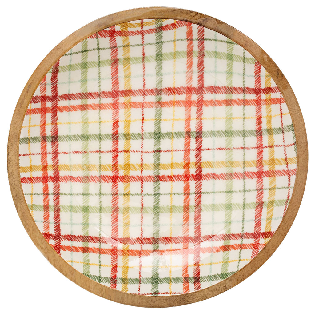 Frosty Fun Plaid 14" Shallow Mango Wood Bowl Christmas