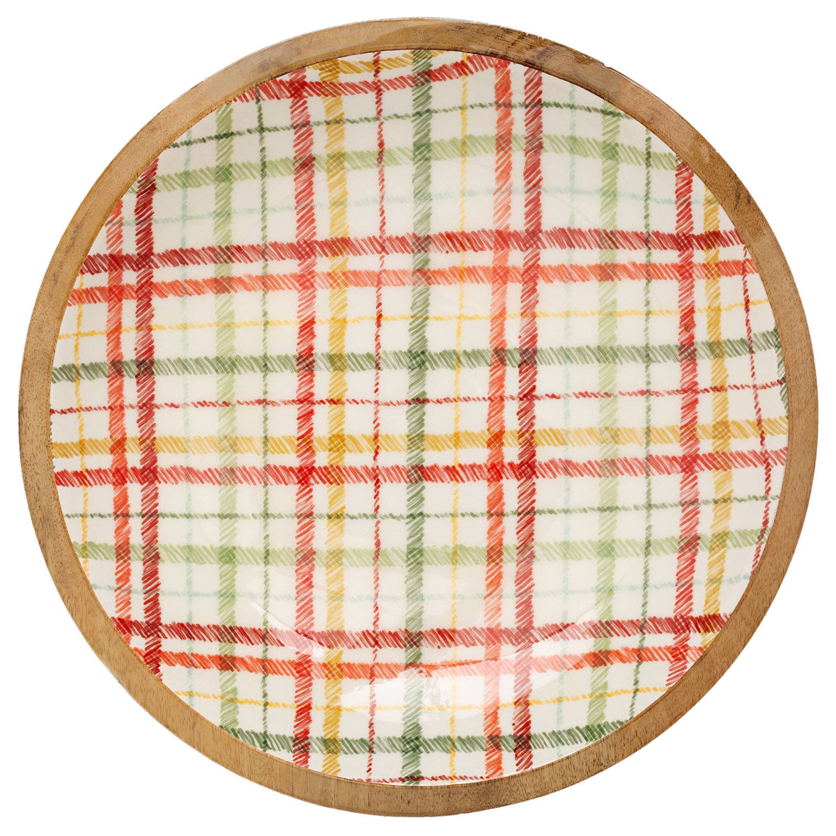 Frosty Fun Plaid 14" Shallow Mango Wood Bowl Christmas