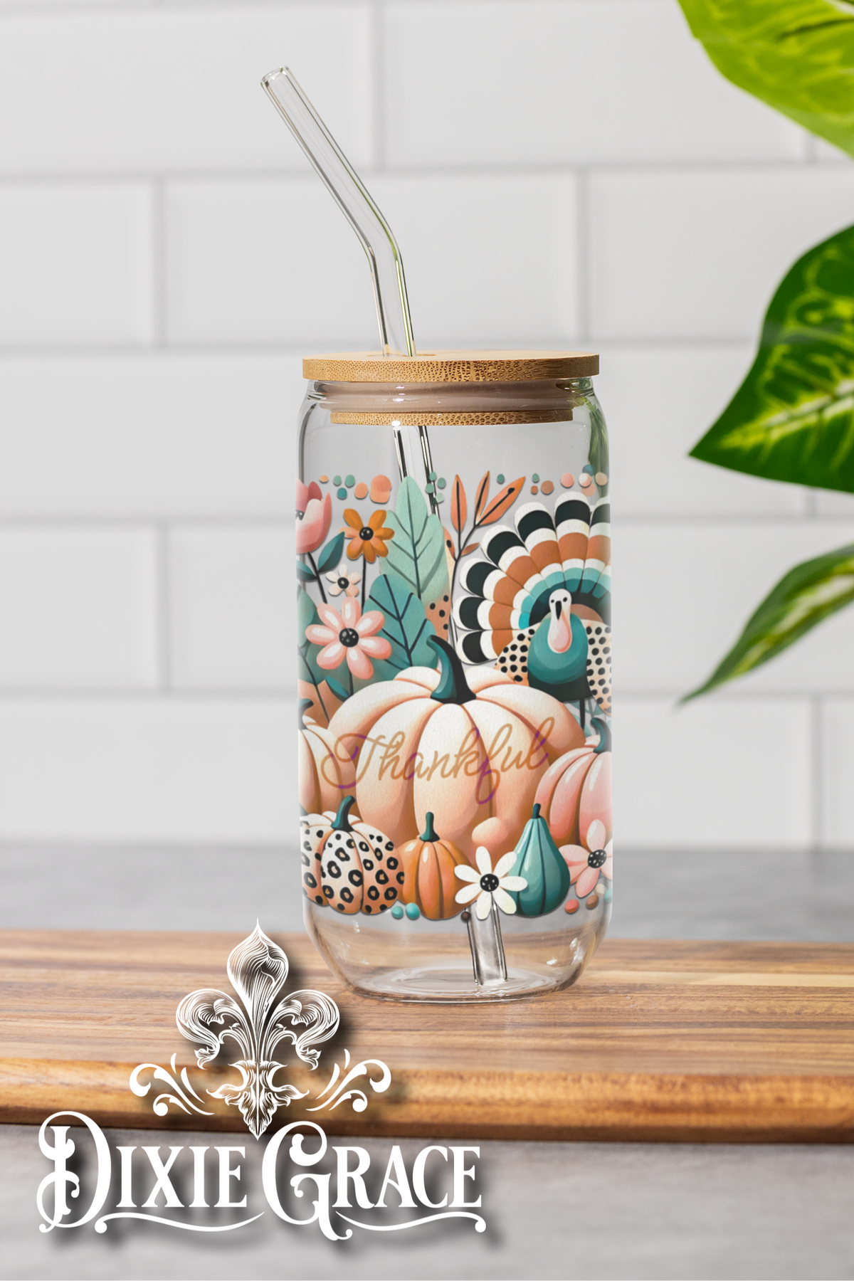 Boho Thankful Turquoise Pumpkin - 16 oz Glass Can
