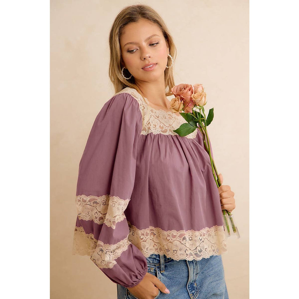 SOLID WOVEN BALLOON SLEEVE SQUARE NECK BLOUSE WITH LACE TRIM