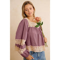 SOLID WOVEN BALLOON SLEEVE SQUARE NECK BLOUSE WITH LACE TRIM