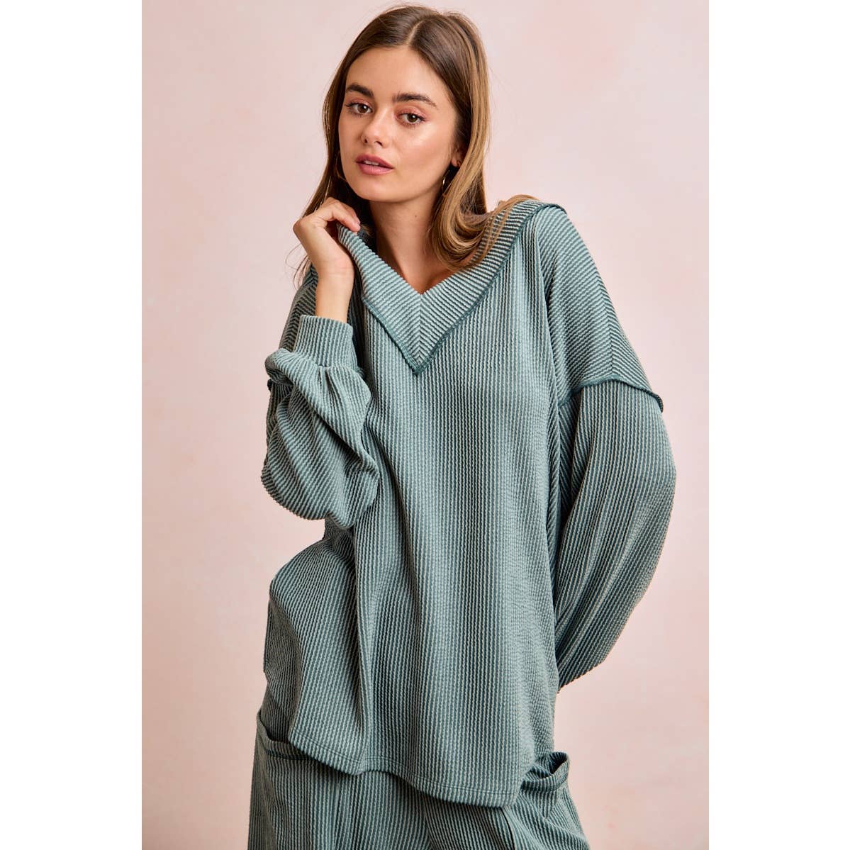 TWO TONE CORD RIB CONTRAST TOP AND PANTS SET