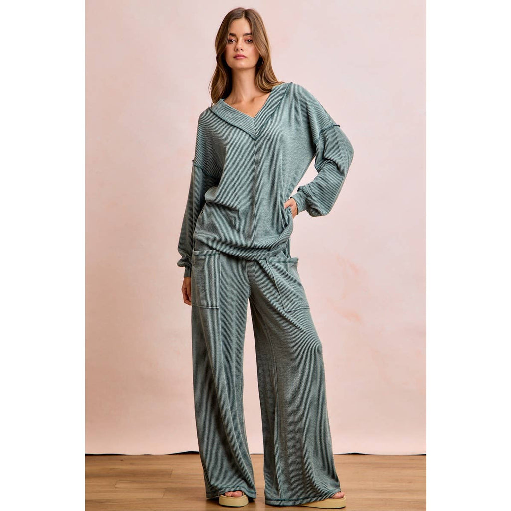 TWO TONE CORD RIB CONTRAST TOP AND PANTS SET