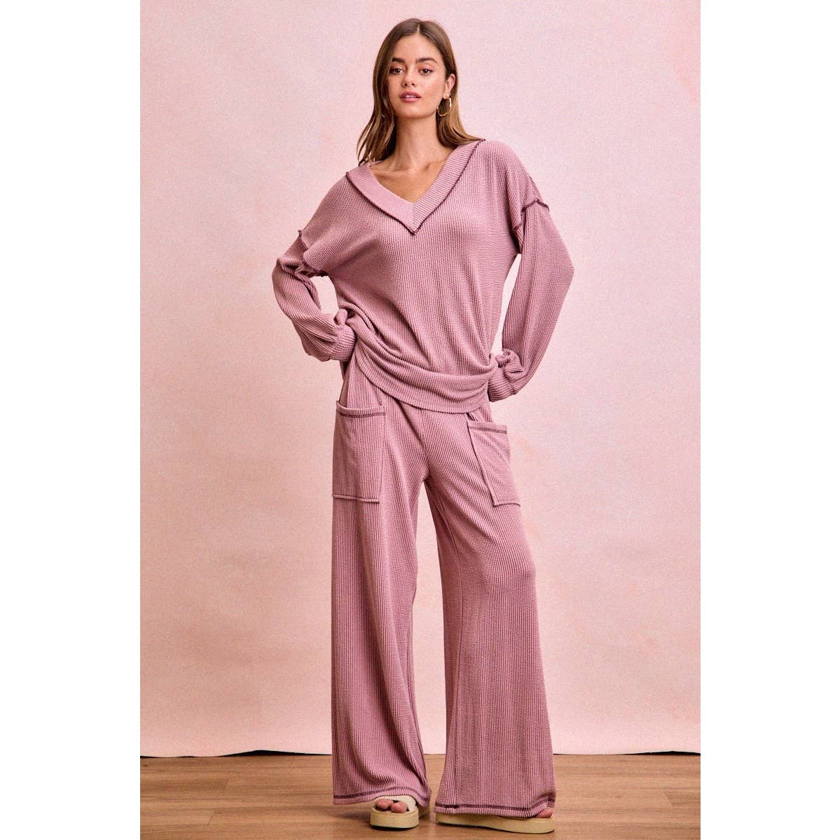 TWO TONE CORD RIB CONTRAST TOP AND PANTS SET