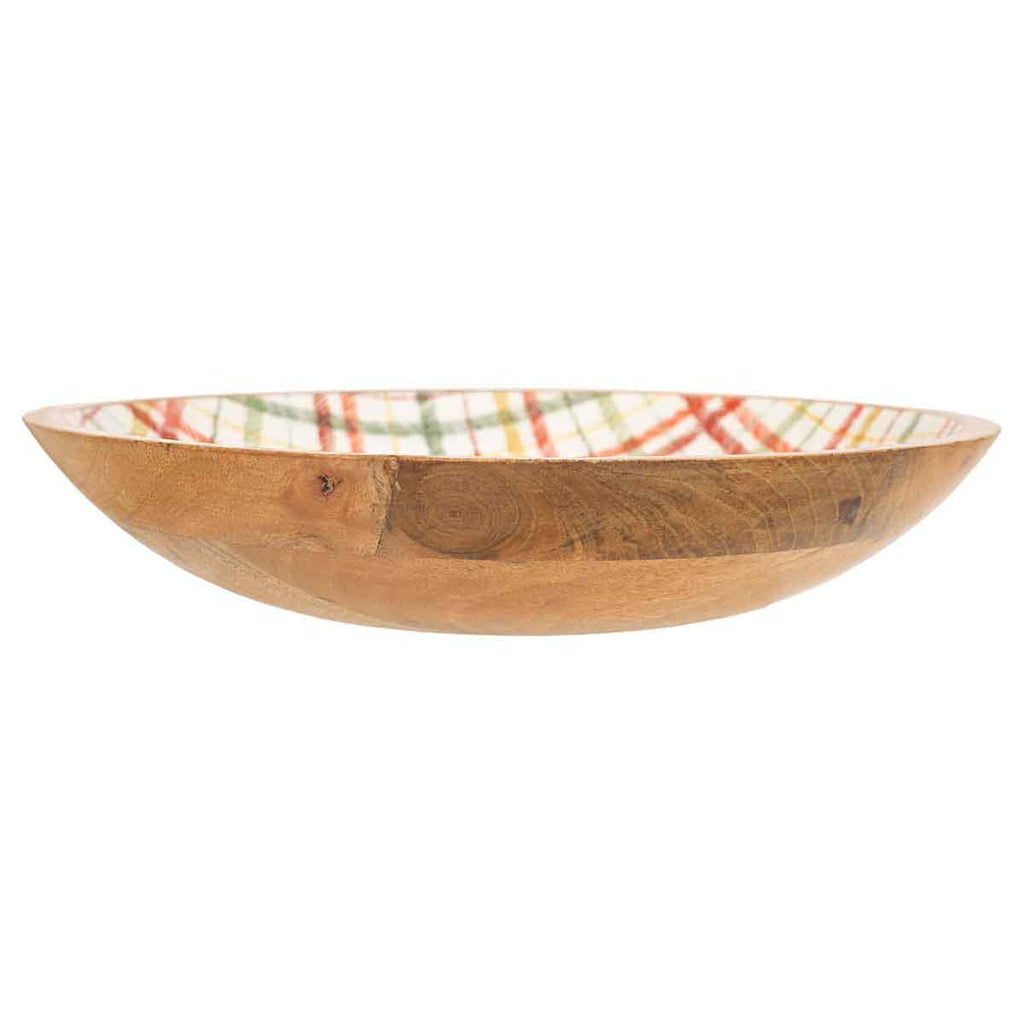 Frosty Fun Plaid 14" Shallow Mango Wood Bowl Christmas