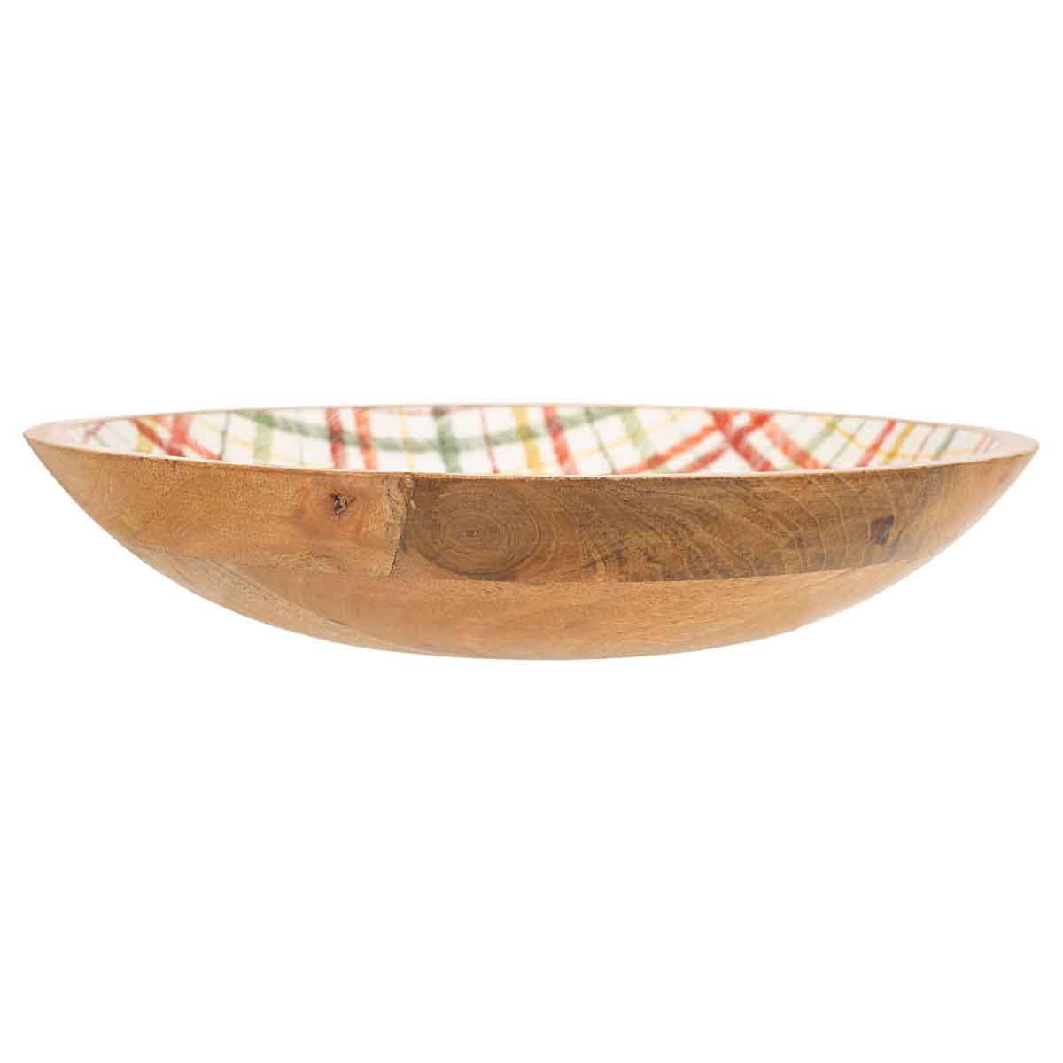Frosty Fun Plaid 14" Shallow Mango Wood Bowl Christmas
