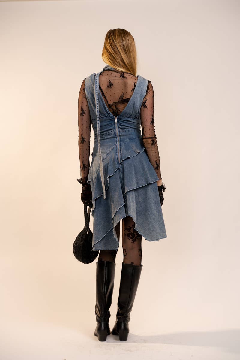 23847D Diagonal Layered Hem Ruched Waistband Dress