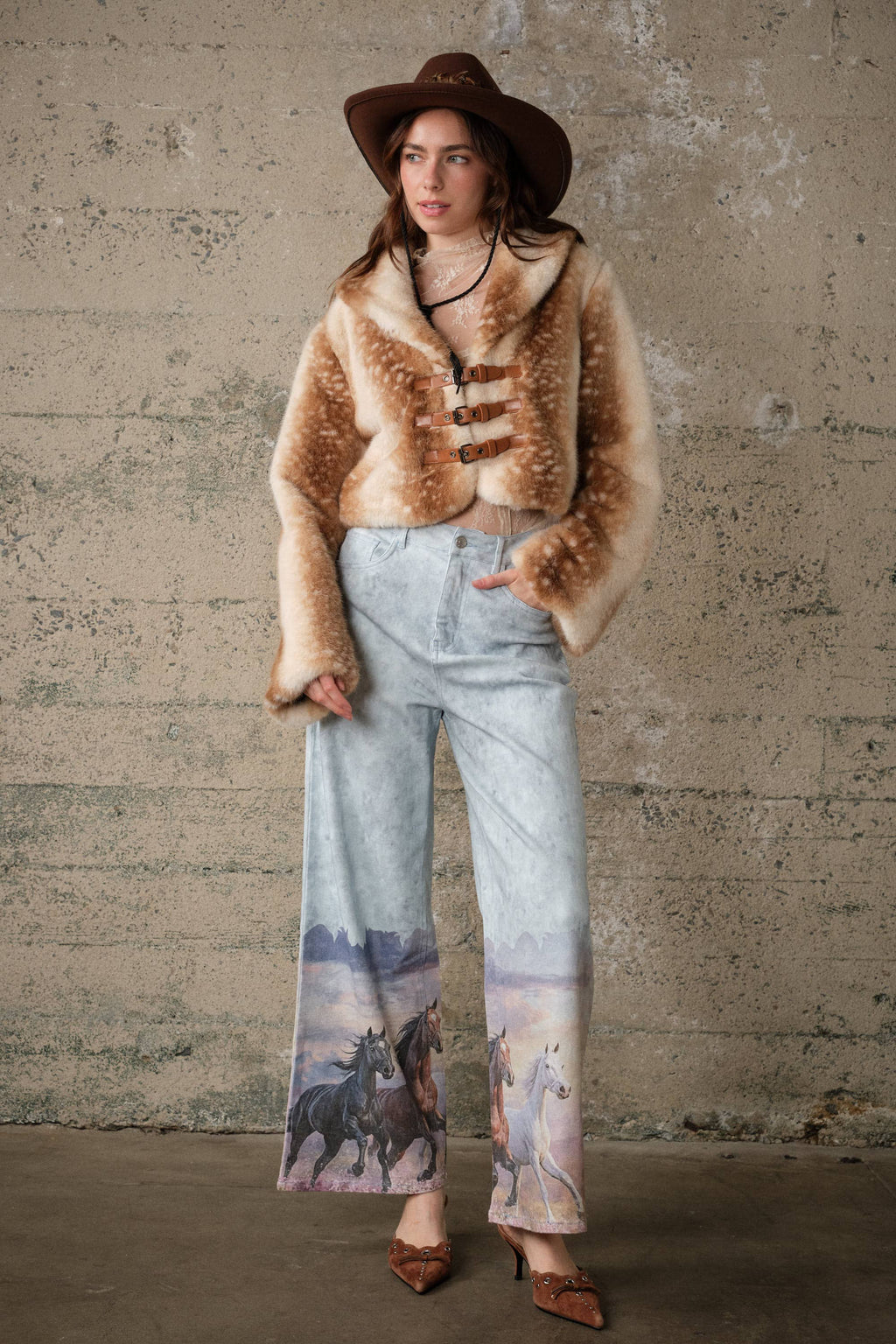 24390P Western Horse Print Wide Leg Jeans