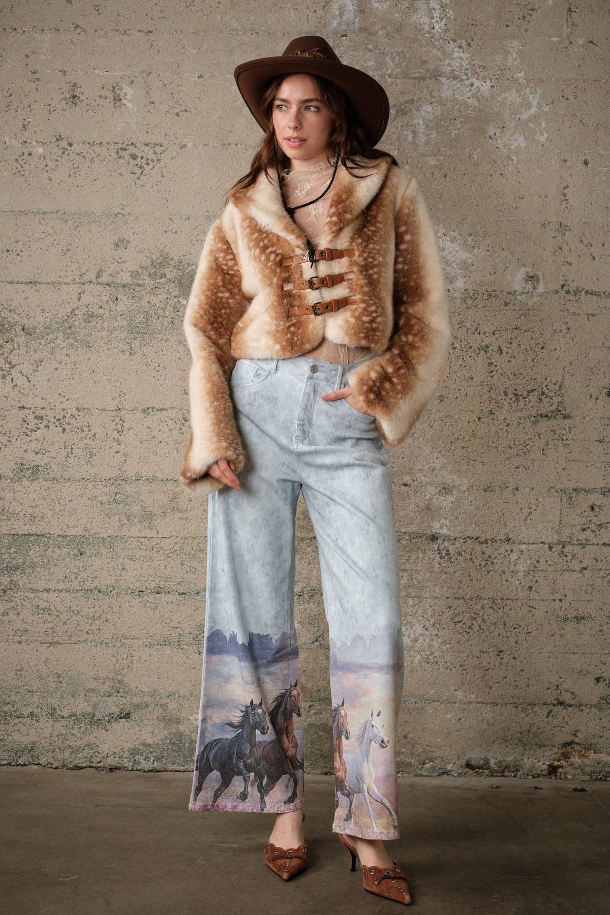 24390P Western Horse Print Wide Leg Jeans