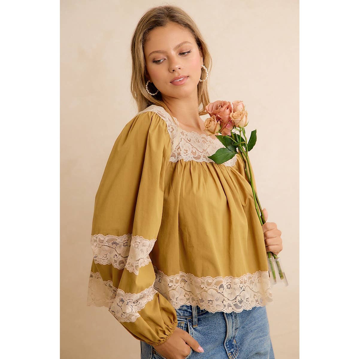SOLID WOVEN BALLOON SLEEVE SQUARE NECK BLOUSE WITH LACE TRIM