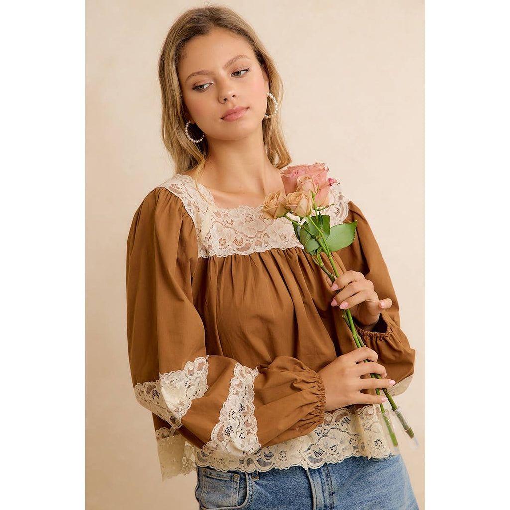 SOLID WOVEN BALLOON SLEEVE SQUARE NECK BLOUSE WITH LACE TRIM