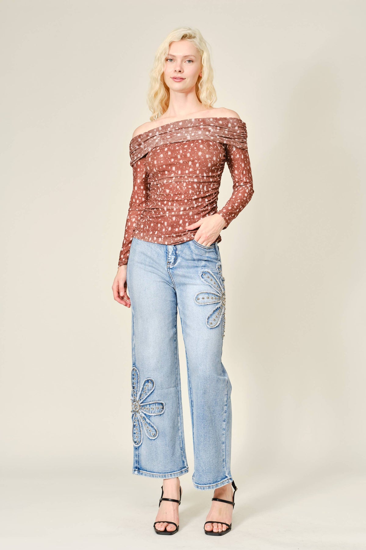 18122P Studded Flower Patch Wide Leg Jeans