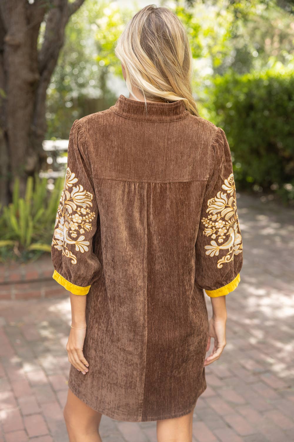 37040 Midnight Gold Embroidered Sleeve Velvet Shift Dress