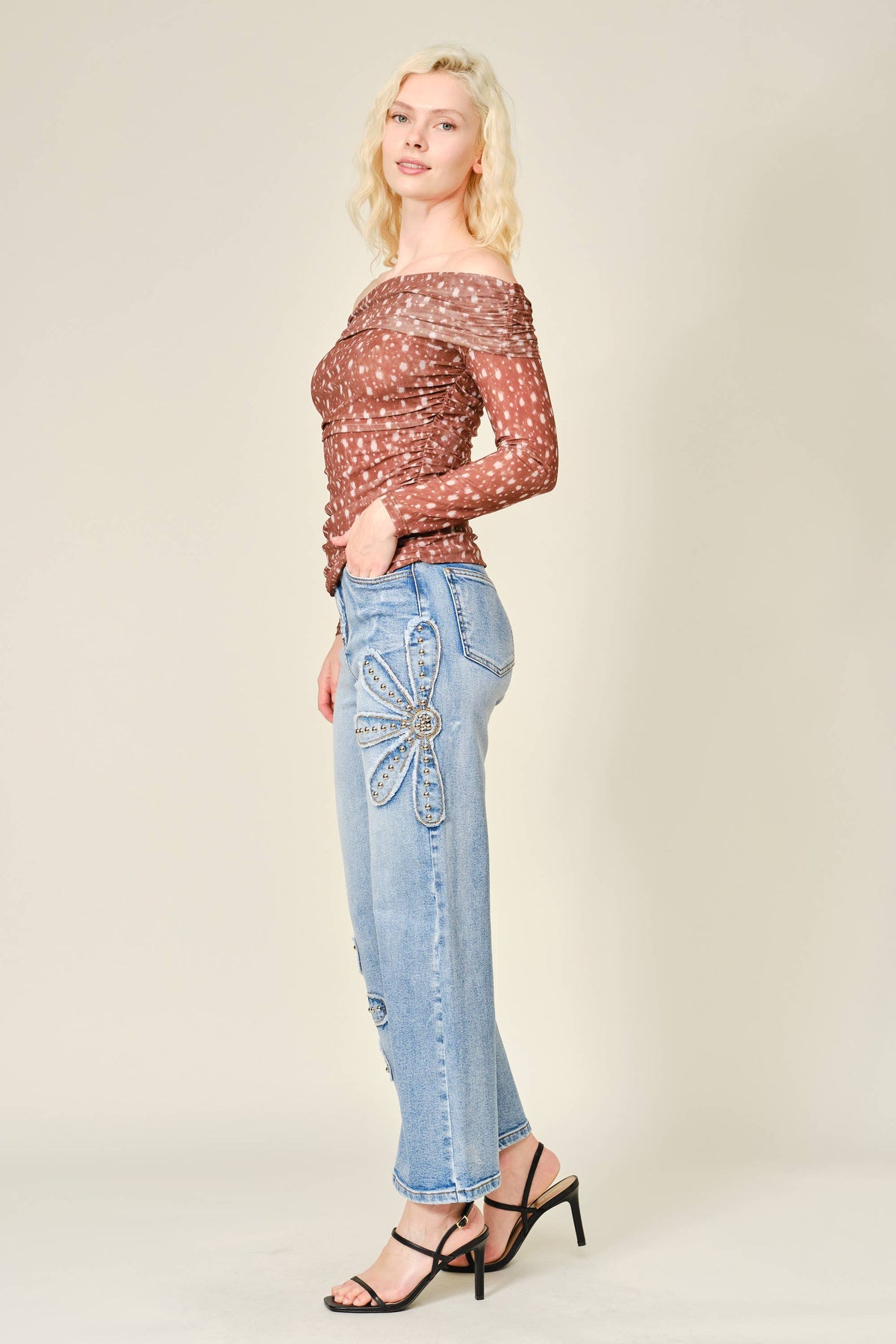 18122P Studded Flower Patch Wide Leg Jeans