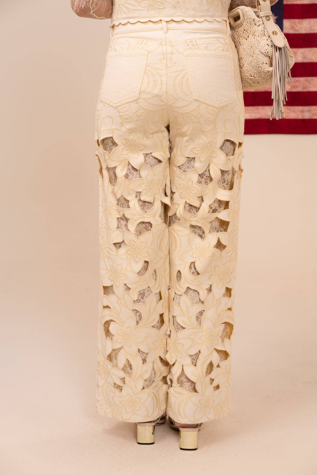 23969P Cut out Floral Embroidered Lace Twill Jeans