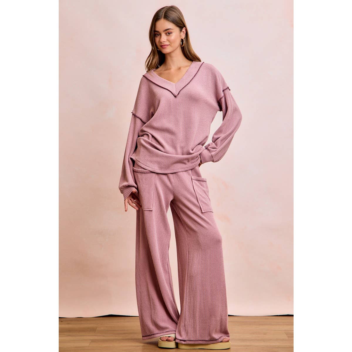 TWO TONE CORD RIB CONTRAST TOP AND PANTS SET