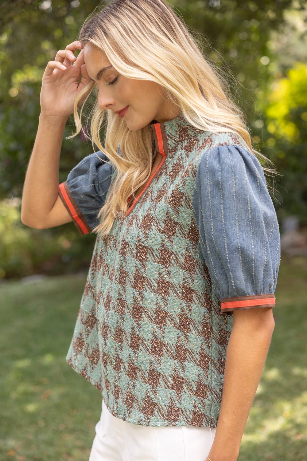 37002 Stripe Denim Sleeve Houndstooth Tweed Top