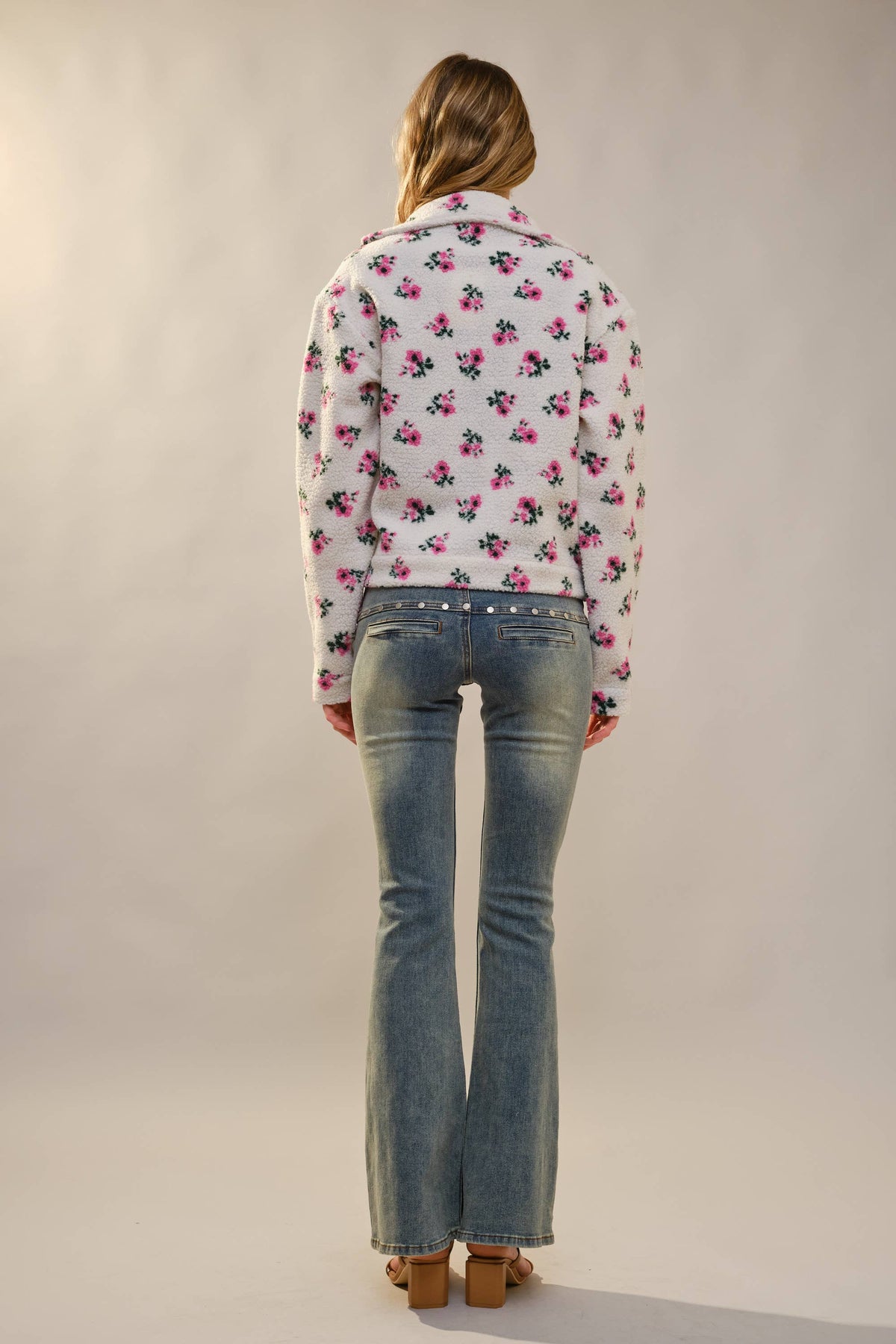 91647J Floral Sherpa Lined Denim Jacket