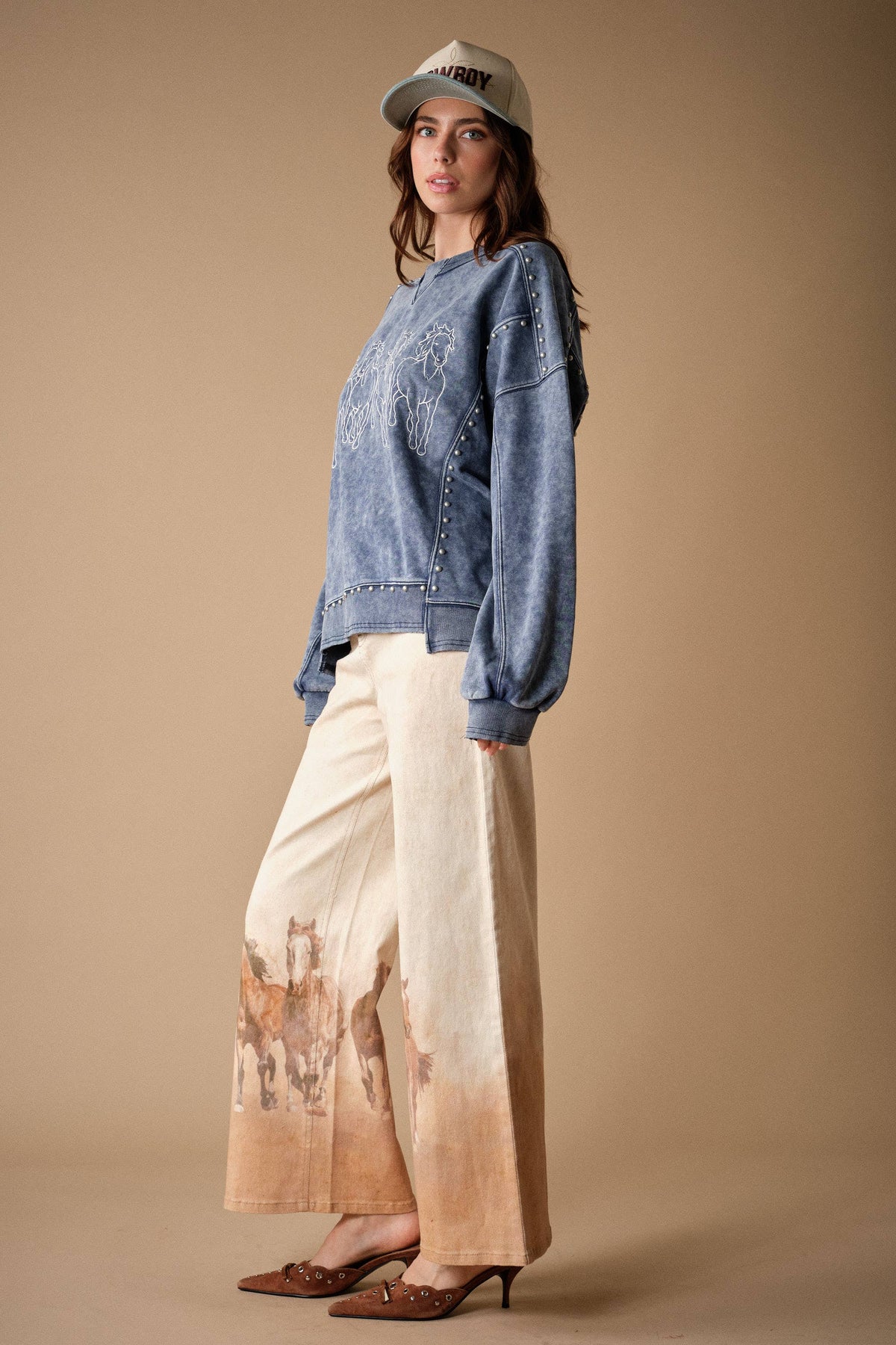 24390P Western Horse Print Wide Leg Jeans