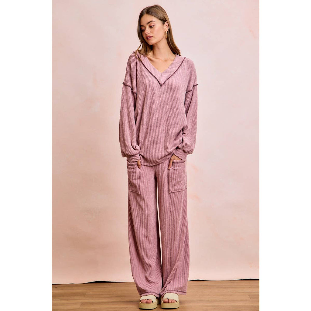 TWO TONE CORD RIB CONTRAST TOP AND PANTS SET
