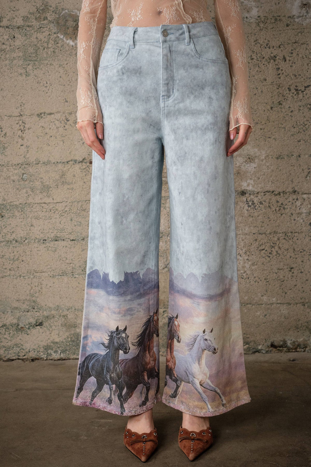 24390P Western Horse Print Wide Leg Jeans