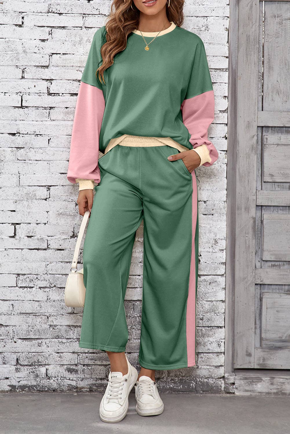Blackish Green 2pcs Color Block Pullover Loose Pant Set