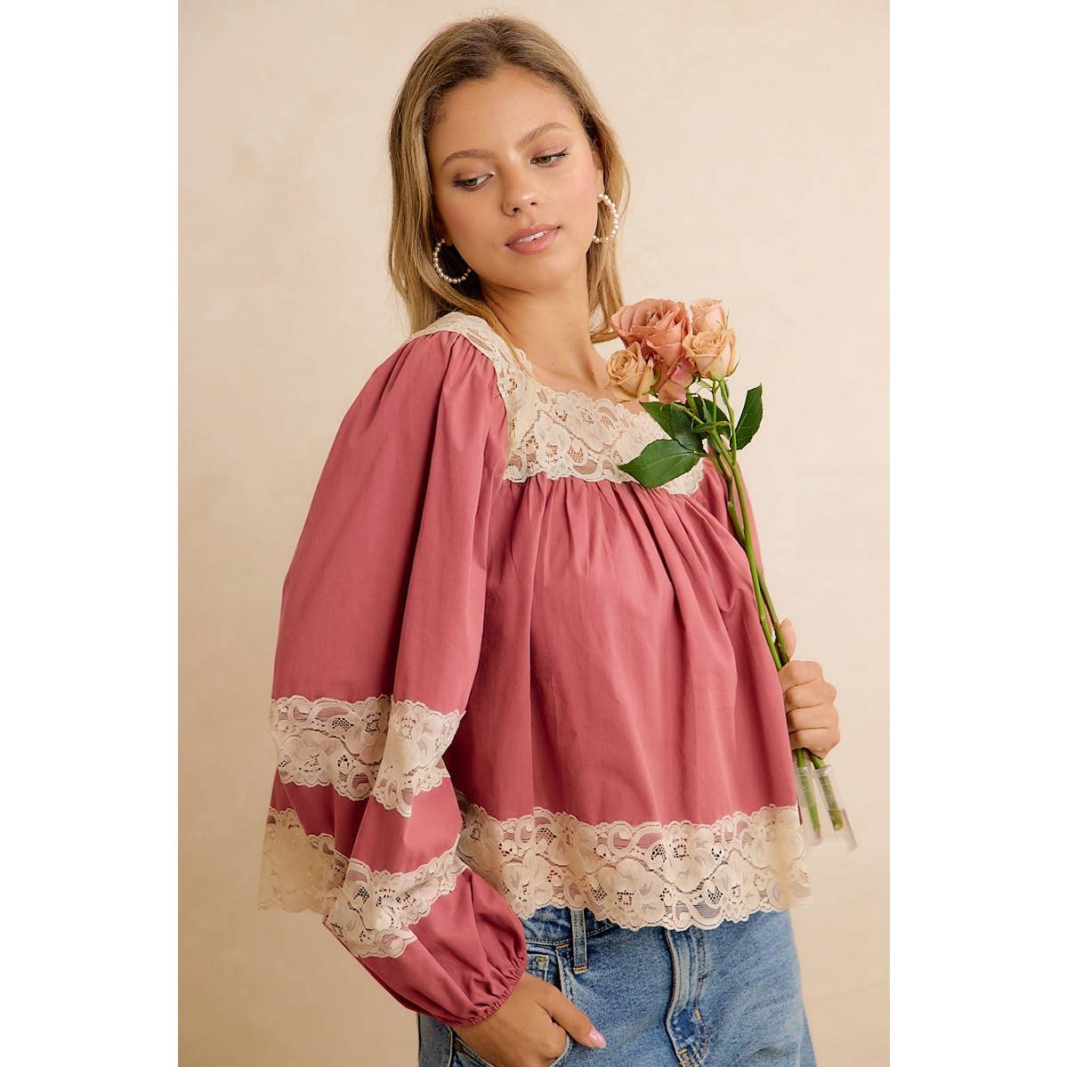 SOLID WOVEN BALLOON SLEEVE SQUARE NECK BLOUSE WITH LACE TRIM