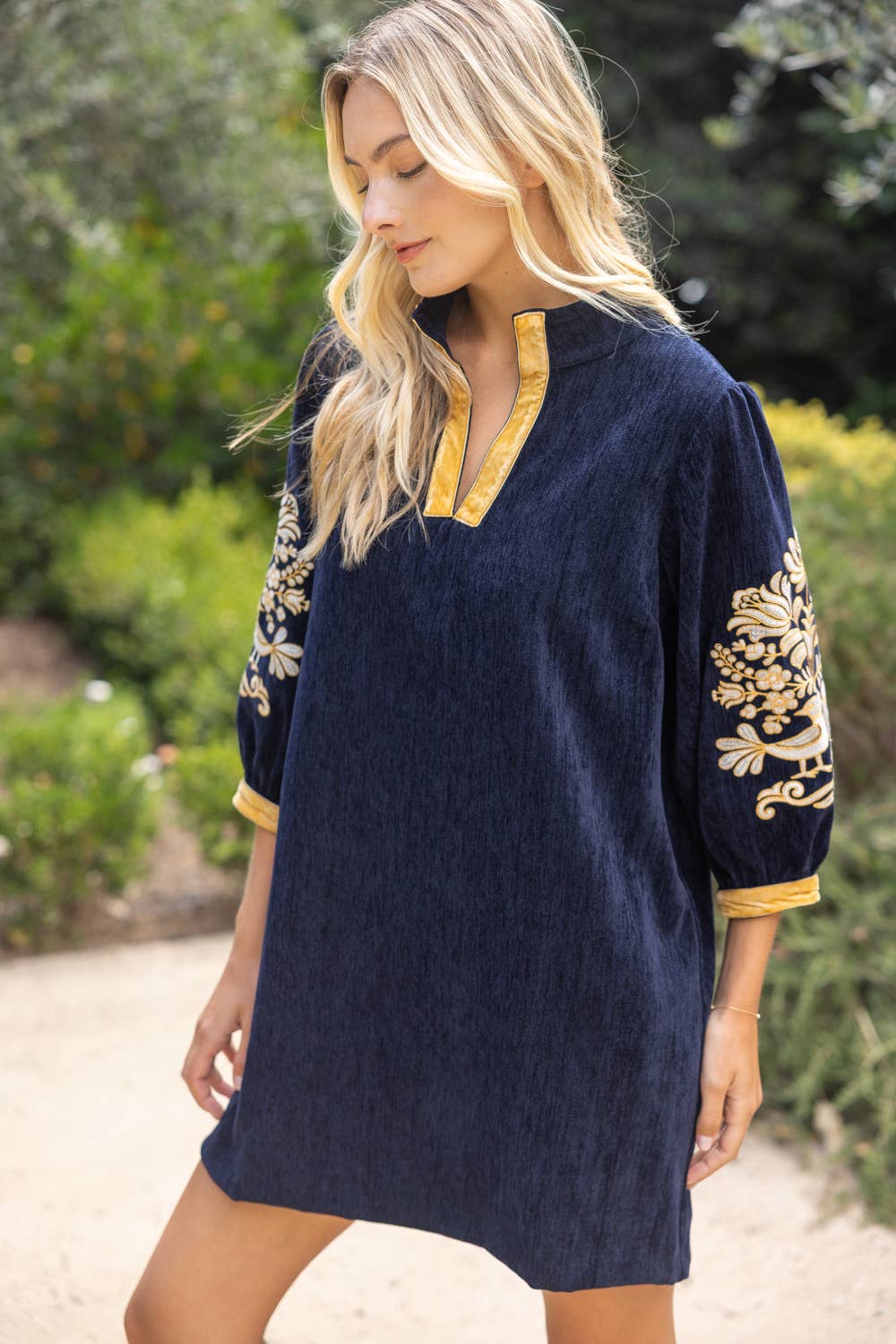 37040 Midnight Gold Embroidered Sleeve Velvet Shift Dress