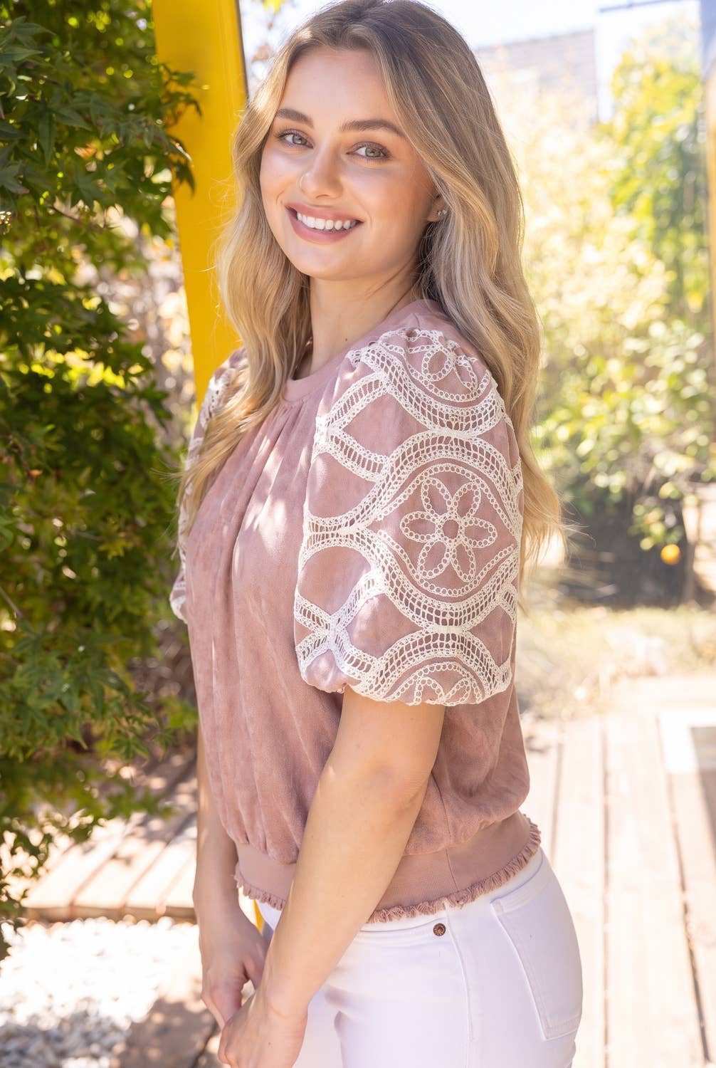 37067 Floral Eyelet Crochet Bubble Sleeve Suede Top