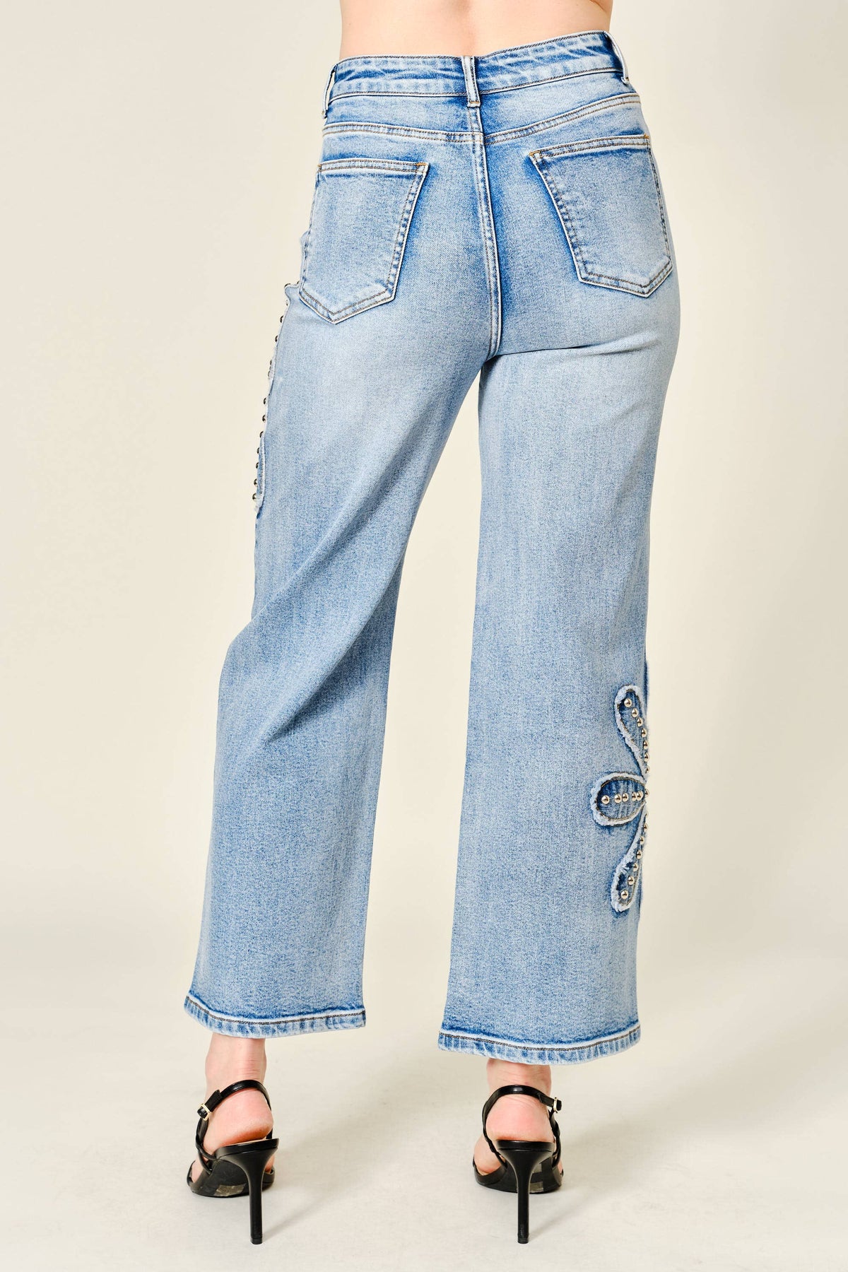 18122P Studded Flower Patch Wide Leg Jeans