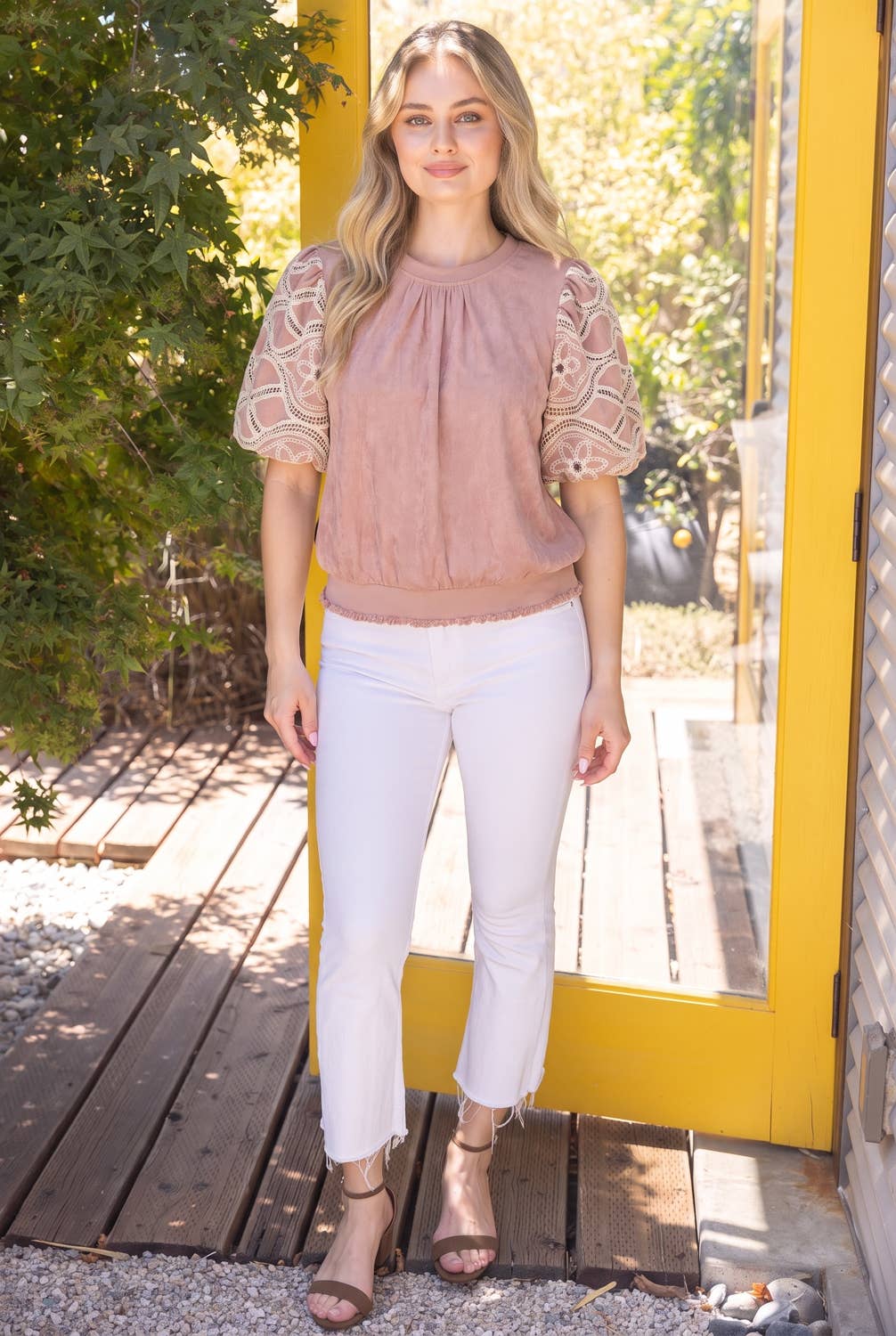 37067 Floral Eyelet Crochet Bubble Sleeve Suede Top