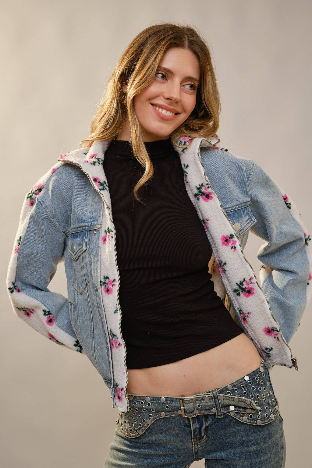91647J Floral Sherpa Lined Denim Jacket