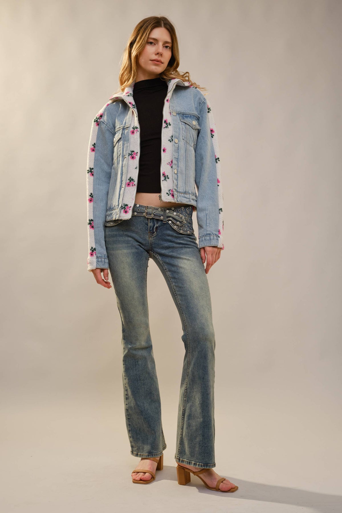 91647J Floral Sherpa Lined Denim Jacket