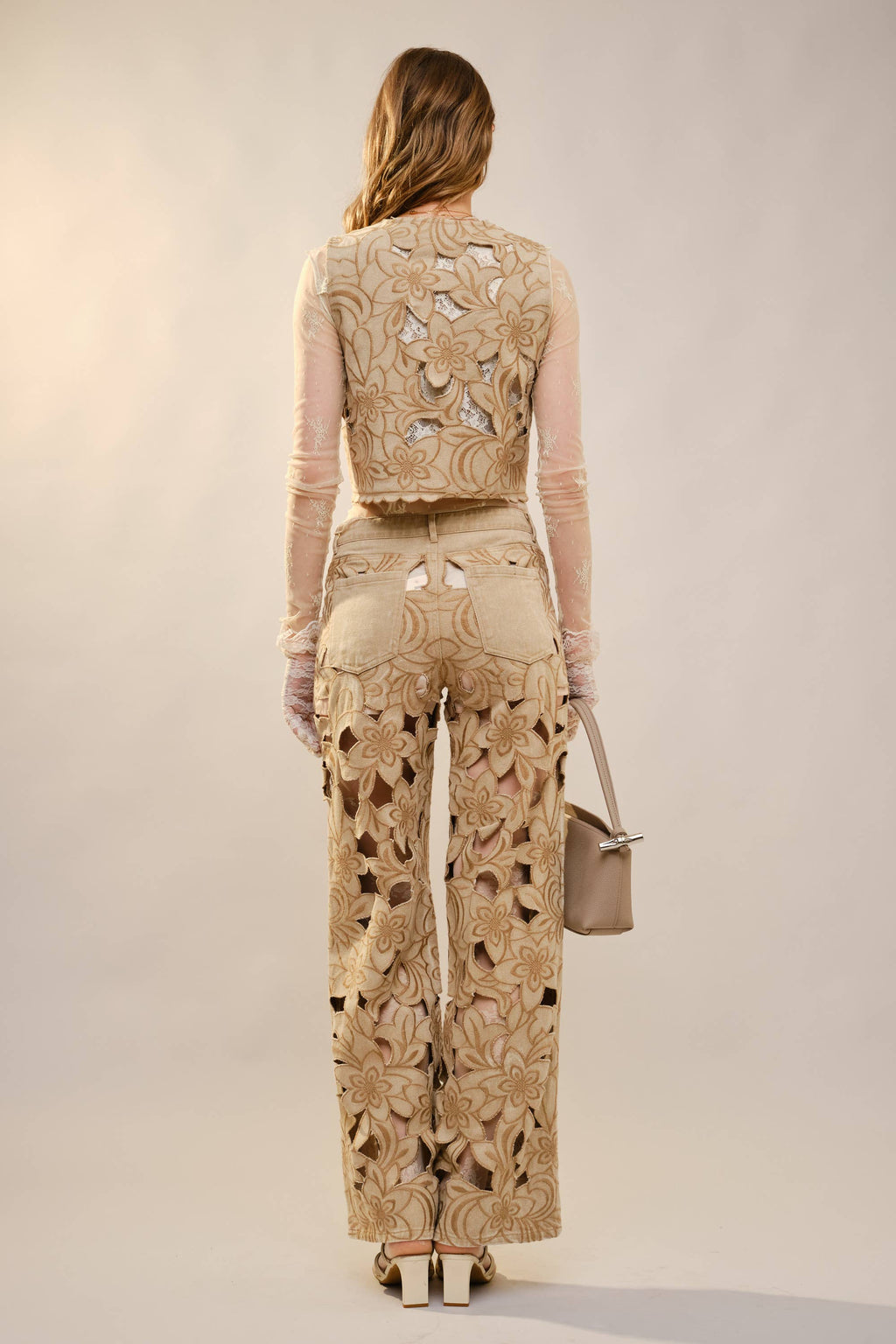 23969P Cut out Floral Embroidered Lace Twill Jeans