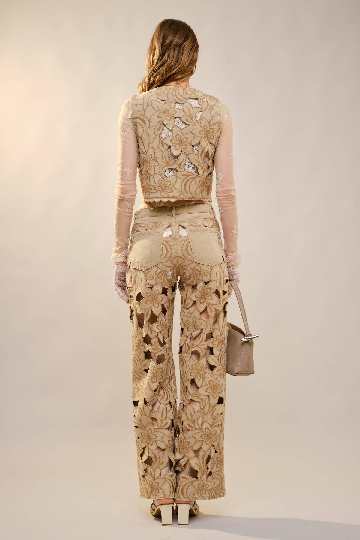 23969P Cut out Floral Embroidered Lace Twill Jeans