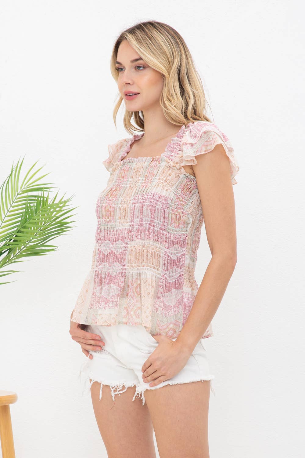 31387T - Chiffon Patchwork Ruffle Smocked Peplum Top