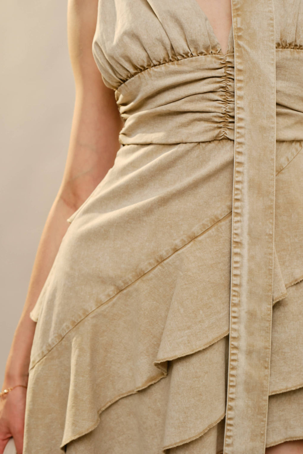 23847D Diagonal Layered Hem Ruched Waistband Dress