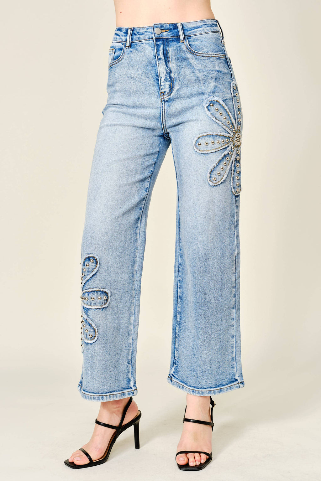 18122P Studded Flower Patch Wide Leg Jeans
