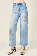 18122P Studded Flower Patch Wide Leg Jeans