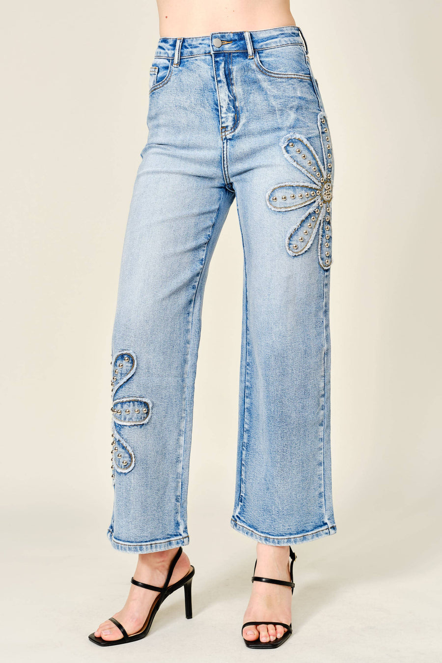 18122P Studded Flower Patch Wide Leg Jeans