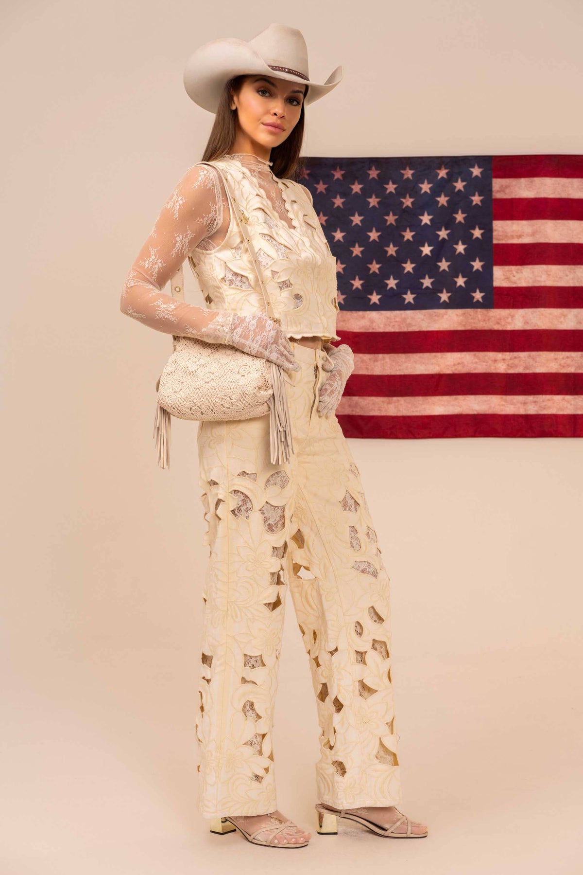 23969P Cut out Floral Embroidered Lace Twill Jeans