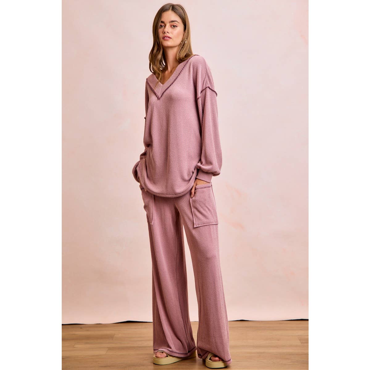 TWO TONE CORD RIB CONTRAST TOP AND PANTS SET