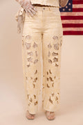 23969P Cut out Floral Embroidered Lace Twill Jeans