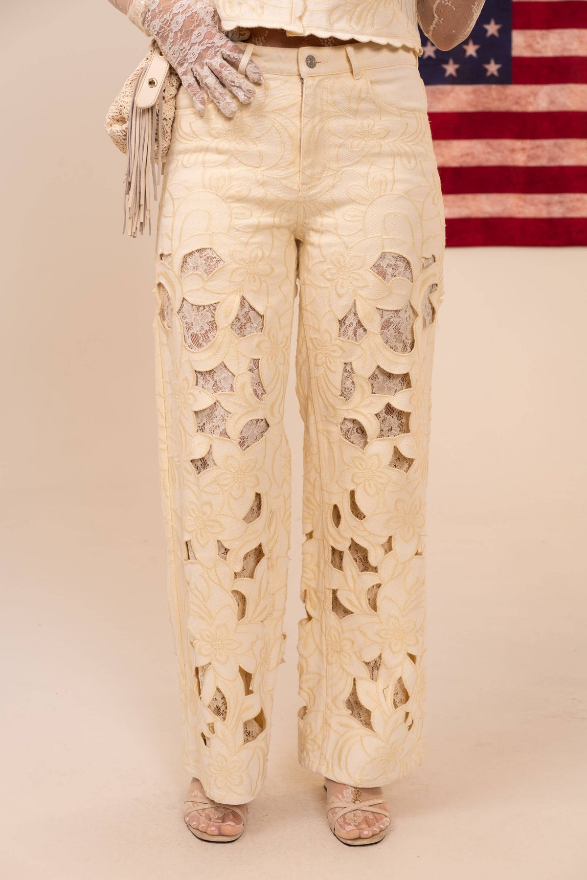 23969P Cut out Floral Embroidered Lace Twill Jeans